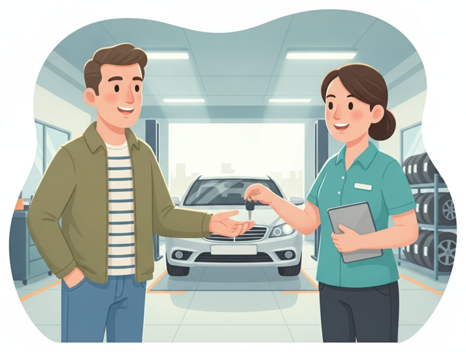 A customer with a phone and a friendly service advisor at an auto shop.